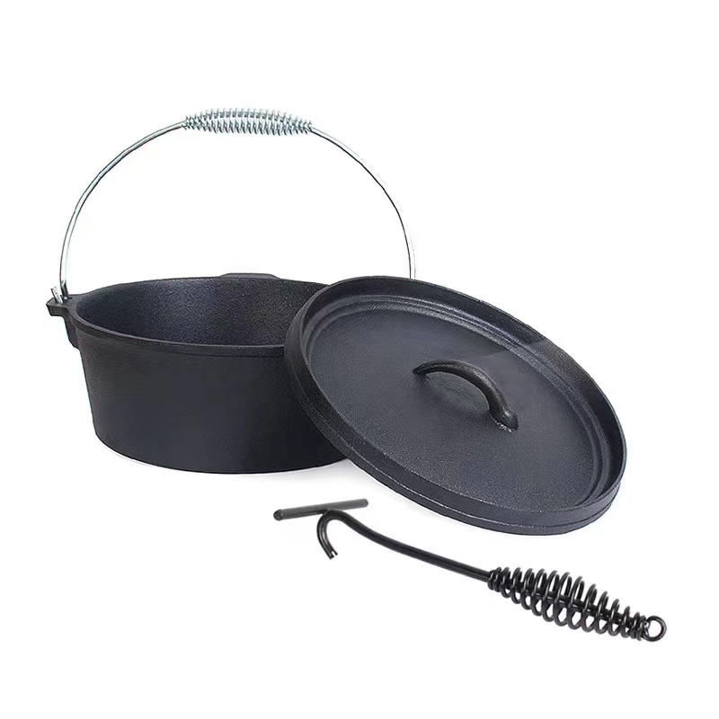 Horno holandés de hierro fundido negro OEM para juego de utensilios de cocina para acampar 