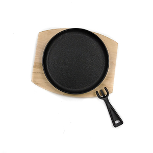 Sartén chisporroteante para bistec de hierro fundido, antiadherente, previamente sazonado, con base de madera