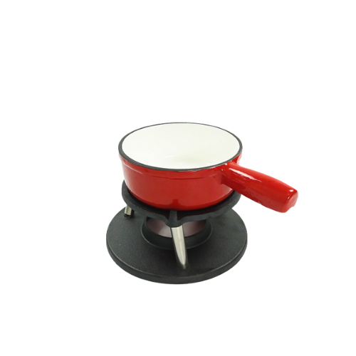 Juego de ollas para fondue de queso de hierro fundido con esmalte rojo