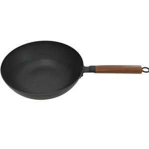 Sartén wok china de hierro fundido de 14 pulgadas para trabajo pesado con mango de madera y tapa de vidrio