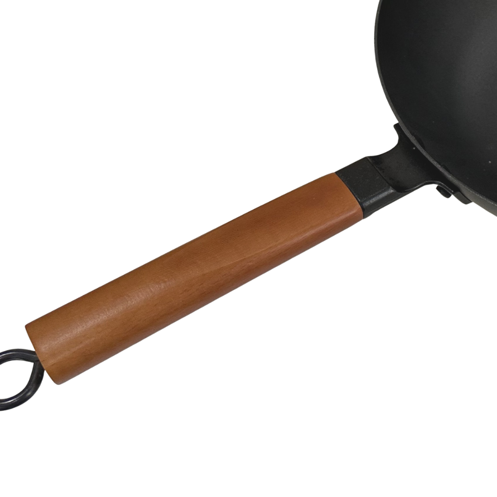Juego de wok de hierro fundido moderno previamente curado con mango de acero al carbono