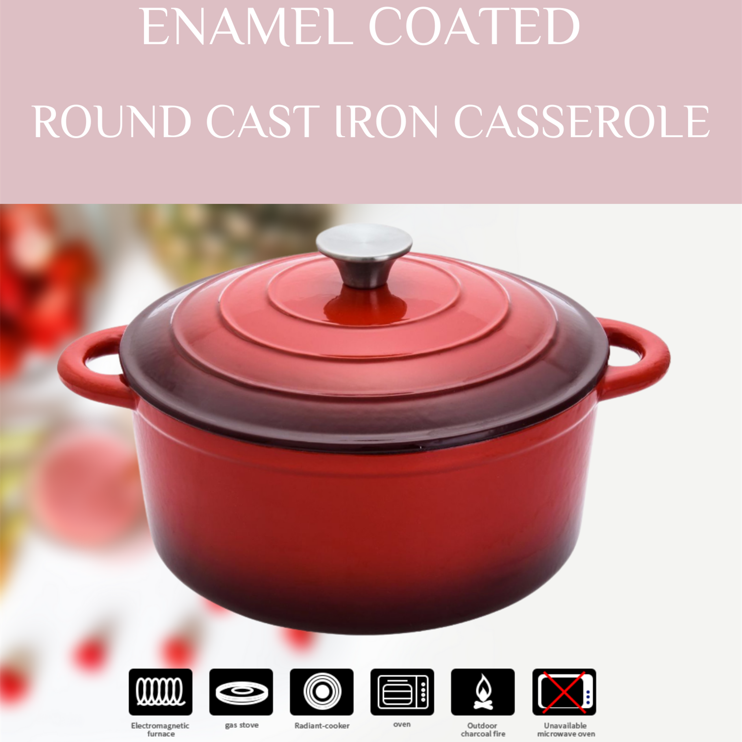 Cacerola redonda de hierro fundido recubierta de esmalte rojo de 5.3QT